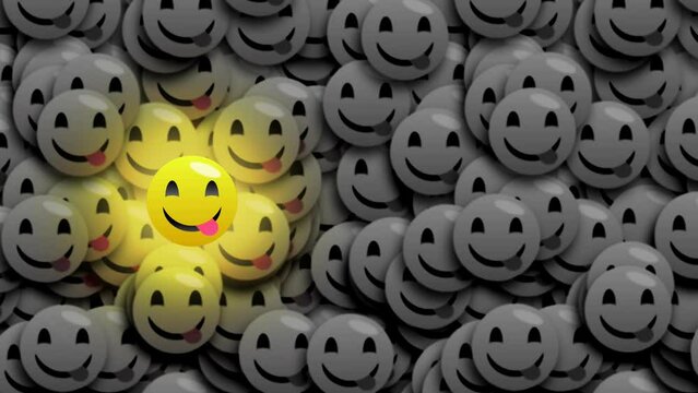 Flickering bright tasty emoji isolated on other black and white dark emoji. Seamless footage 