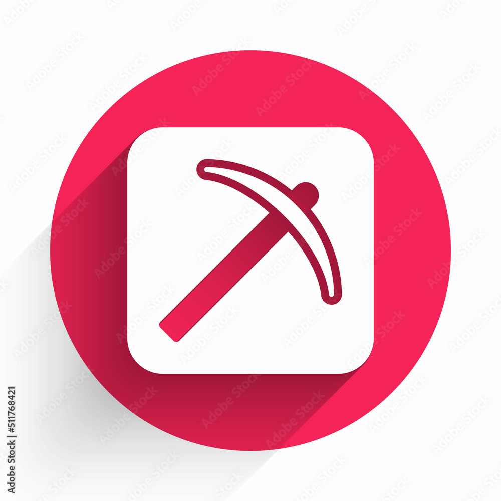 Poster white pickaxe icon isolated with long shadow background. red circle button. vector