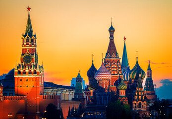 The Moscow Kremlin and St. Basil's Cathedral on Red Square in Moscow, Russia. Landscape at sunset. High quality photo