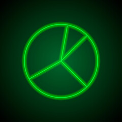 Pie chart, diagram simple icon vector. Flat design. Green neon on black background with green light.ai