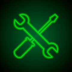 Repair simple icon vector. Flat design. Green neon on black background with green light.ai