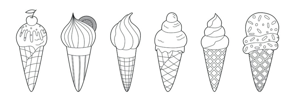 Different sorts of ice cream. Monochrome deserts isolated on white background. Coloring book style for children and adults. 