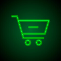 Shopping cart, minus simple icon vector. Flat design. Green neon on black background with green light.ai