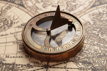 Vintage compass with sundial on old map. Adventure retro style - obrazy, fototapety, plakaty
