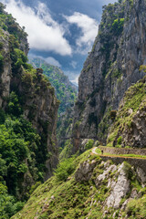 Fototapeta na wymiar Senda del rio Cares, a path that runs through a gorge in the Picos de Europa, in the Catabrica mountain range, Spain.