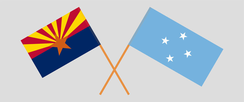 Crossed flags of the State of Arizona and Micronesia. Official colors. Correct proportion