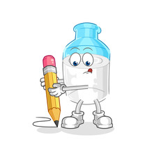 bottle of milk write with pencil. cartoon mascot vector