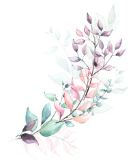 Watercolor arrangement with blue, green, turquoise, violet, pink flowers, branches, leaves, eucalyptus twigs.