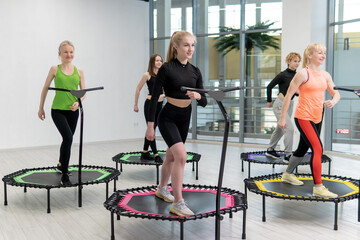 Fitness center group active trampoline friends youth health aerobic training, concept team workout...