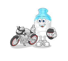 bottle of milk racer character. cartoon mascot vector