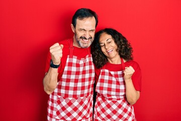 Naklejka premium Middle age couple of hispanic woman and man wearing cook apron very happy and excited doing winner gesture with arms raised, smiling and screaming for success. celebration concept.
