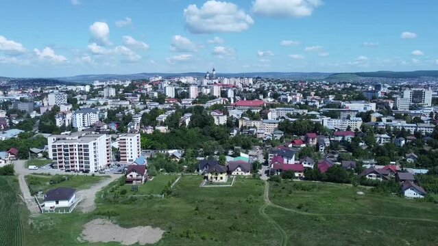 Suceava city skyline from drone in june 2022