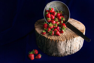 Obraz na płótnie Canvas fresh strawberries in a sieve on a wooden stump