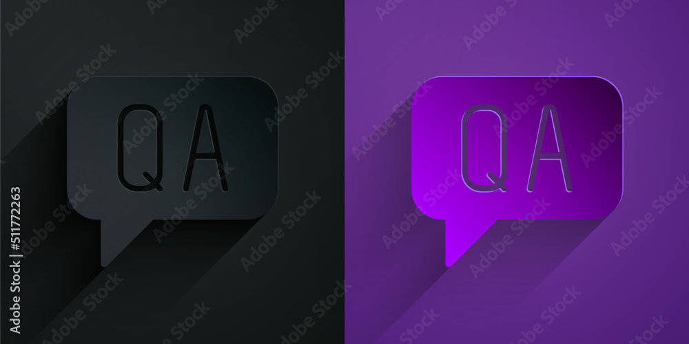 Poster paper cut speech bubbles with question and answer icon isolated on black on purple background. q and