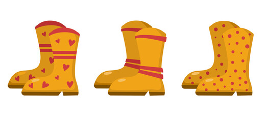 A set of bright autumn boots in yellow and red in a flat style. Vector image.