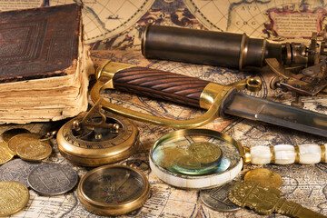 Vintage still life. The concept of adventure and treasure hunting.