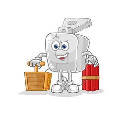 zipper holding dynamite detonator. cartoon mascot vector
