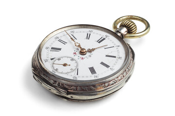 Silver antique pocket watch isolated on white. Clipping path included