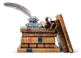 Antique books, inkwell with quill pen and old scrolls on white background 
