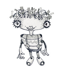 Robot girl cartoon character. Funny toy gift. Ink drawing.
