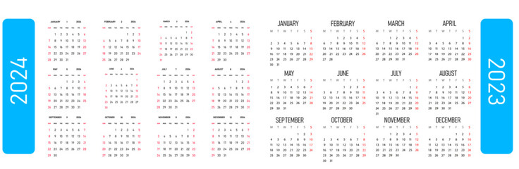 Horizontal vector design of 2024 and 2023 year calendars. 2024 and 2023 calendar on white background for organization and business.