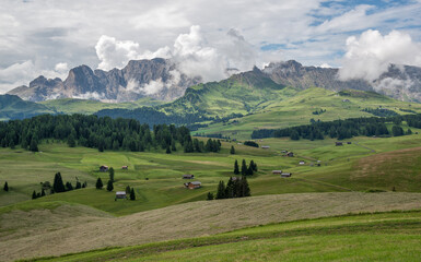Dark and gloomy atmosphere at alpe di siusi in italian Dolomites.