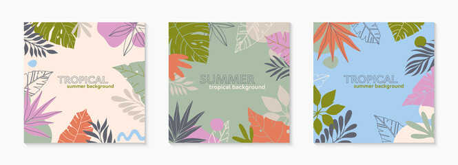 Summer vector illustrations in trendy flat style with copy space for text.Abstract backgrounds with tropical leaves,plants.Tropical banners for social media,posters,prints.Cover design templates.
