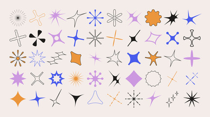 Vector set of flower and star shapes. Y2k shapes of shine, sun, sunbeams, flare and glares in a modern brutalist style. © crocolot