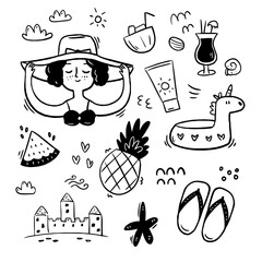 Doodle collection of vacation hand drawn icons on white background. Simple illustrations for beach season decoration posters, brochures, booklets, stickers, t shirt. Doodle set.