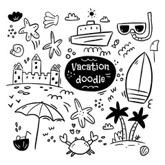 Hand drawn doodle set of vacation theme elements on the white background. Black and white doodle icons for vacation decoration. Doodle set for poster, post card, brochure, booklet. Simple decor.