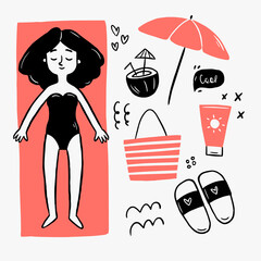 Simple doodle illustration of girl sunbathing on the towel on the white background. Beach season doodle set. Vacation black and white doodle collection.