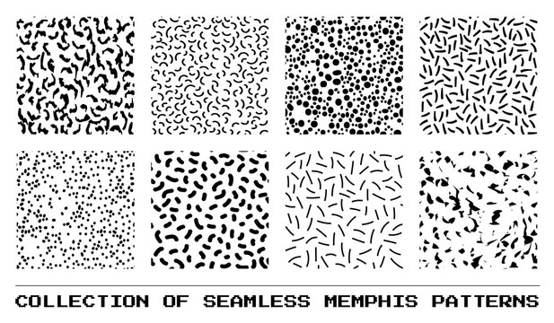 Set of abstract seamless memphis patterns with spots and lines in 80s style. Vector illustration
