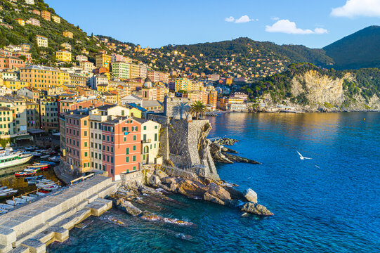 Scenic Mediterranean riviera coast. Panoramic view of Camogli town in Liguria, Italy