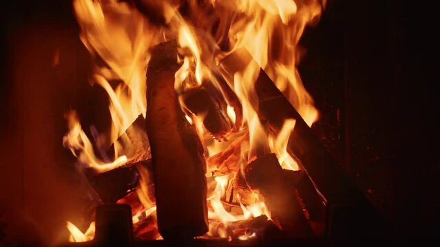 Burning firewood in the fireplace close-up.