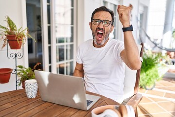 Middle age man using computer laptop at home angry and mad raising fist frustrated and furious while shouting with anger. rage and aggressive concept.
