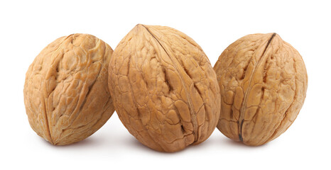 Three delicious walnuts, isolated on white background