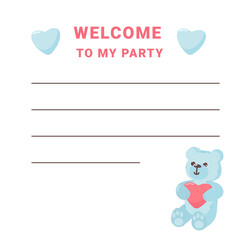 Funny bear invitation to kids party. Cartoon illustration suitable for invitation card.