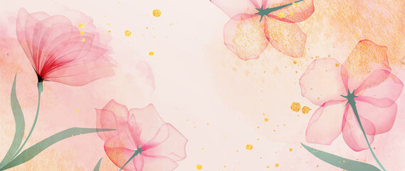 Luxury abstract art background with pink flowers in a watercolor style. Botanical vector background with transparent plants for print design, decor, wallpapers, invitations