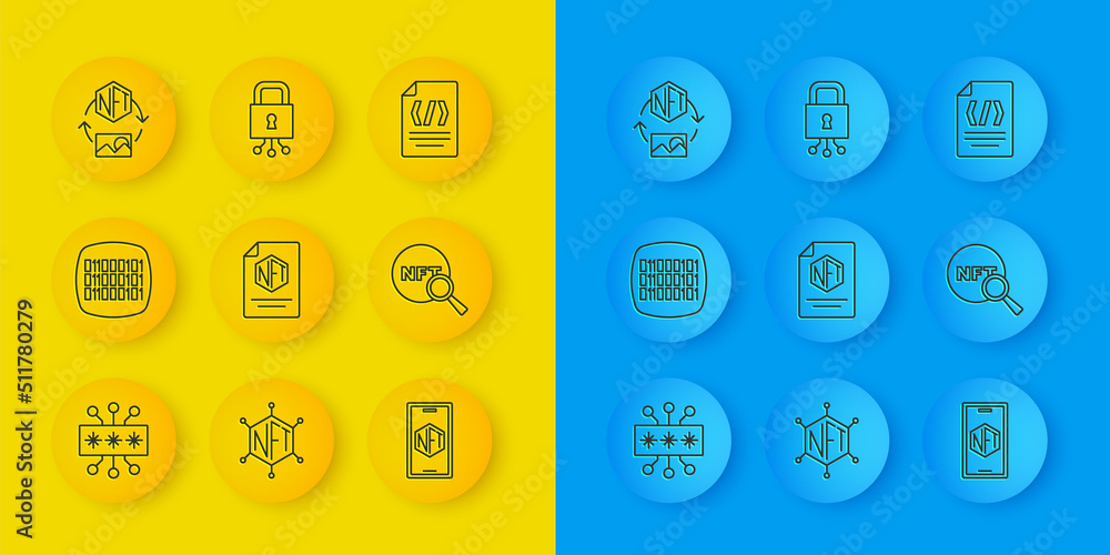 Poster set line cyber security, binary code, nft contract, mobile with art store app, search, digital crypt