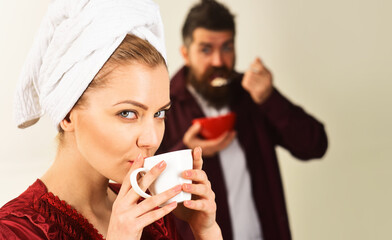 Coffee in morning. Couple having breakfast together. Husband and wife. Love, romantic, lifestyle.