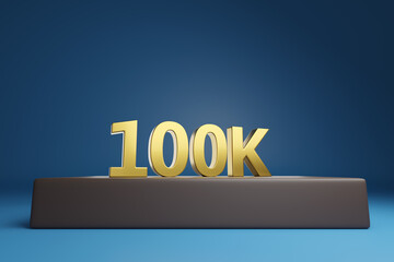 Golden 100000 number in three dimensions on a podium. 3d illustration. - obrazy, fototapety, plakaty