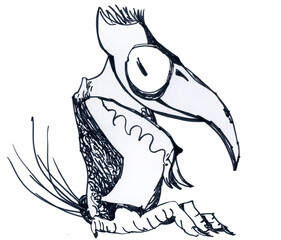 Cunning bird with a large beak. Cartoon style sketch.