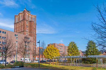 Company grounds of the Borsigwerke in Berlin-Tegel with the Street and Hotel Am Borsigturm in...