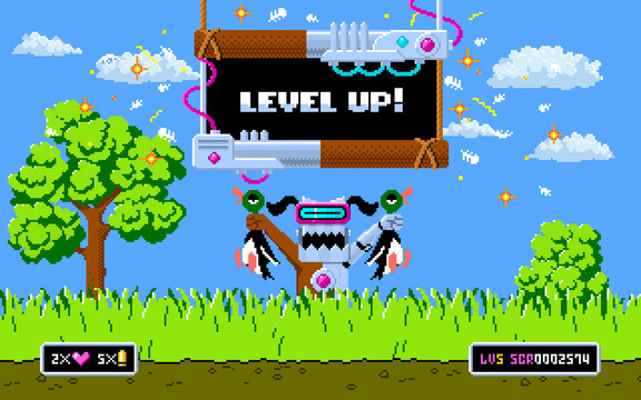 Level up game screen in colorful pixel art design. Vector illustration, 8bit arcade game design concept.