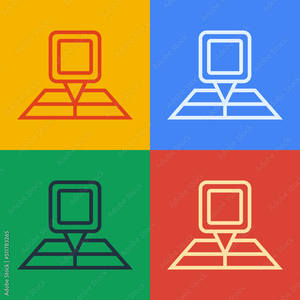 Poster pop art line folded map with location marker icon isolated on color background. vector