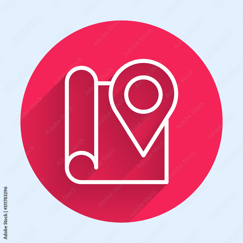 Poster white line folded map with location marker icon isolated with long shadow background. red circle but