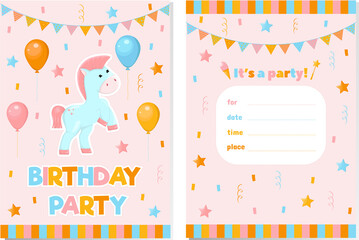 Birthday invitation card with ponies, rainbows and balloons. Vector children's illustration