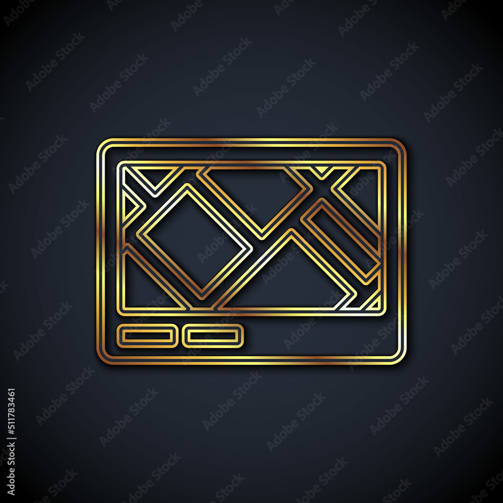 Poster gold line gps device with map icon isolated on black background. vector