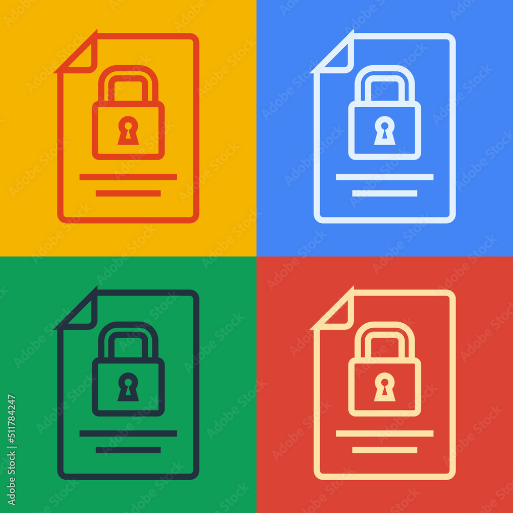 Poster pop art line document and lock icon isolated on color background. file format and padlock. security,
