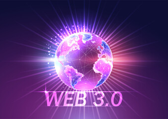 Concept of Web 3.0 future technology website with text and planet hologram on dark blue to purple